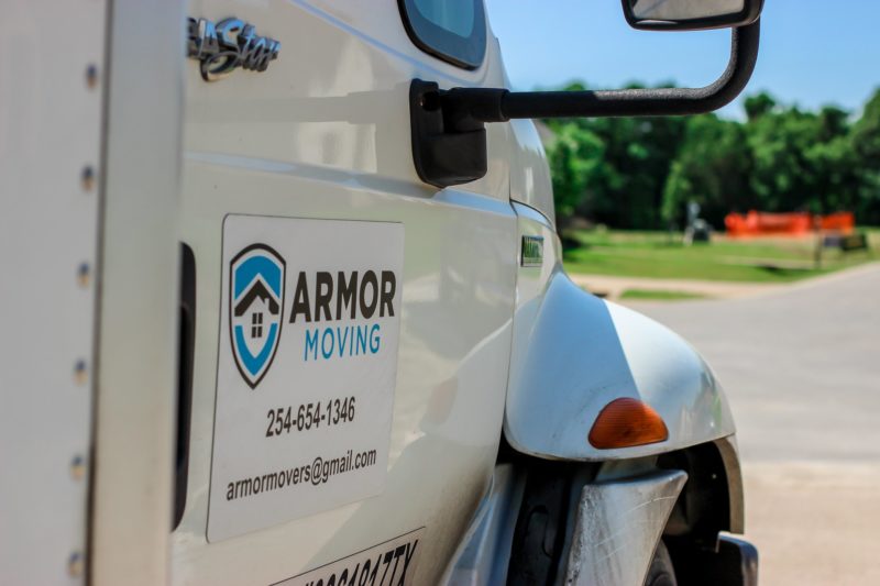 Armor Moving moving truck with contact info. 254-654-1346. armormovers@gmail.com